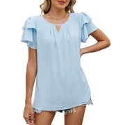 Solid Color And V-neck Hollow-out Double-layer Sleeve Loose Chiffon T-shirt