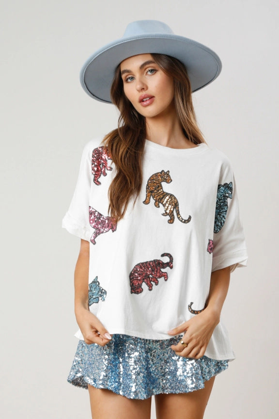 Tiger Sequined Top Casual Loose-fitting T-shirt