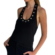Metal Hollow-hole Design Sense Halter Spaghetti Straps Vest