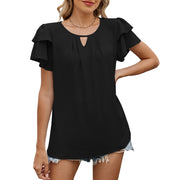 Solid Color And V-neck Hollow-out Double-layer Sleeve Loose Chiffon T-shirt