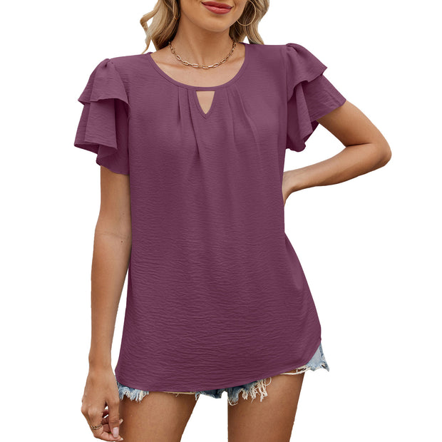 Solid Color And V-neck Hollow-out Double-layer Sleeve Loose Chiffon T-shirt