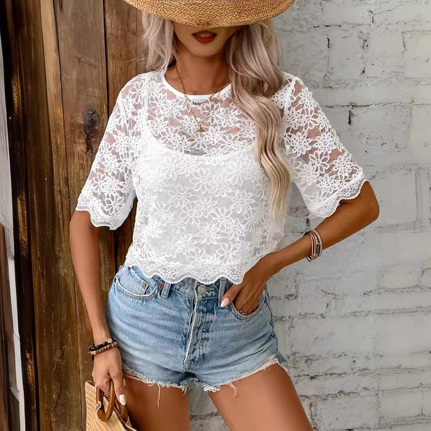 Fashionable Elegant Solid Color Lace Round Neck T-shirt