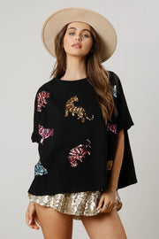 Tiger Sequined Top Casual Loose-fitting T-shirt