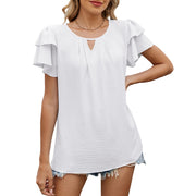 Solid Color And V-neck Hollow-out Double-layer Sleeve Loose Chiffon T-shirt