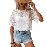 Fashionable Elegant Solid Color Lace Round Neck T-shirt