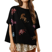 Tiger Sequined Top Casual Loose-fitting T-shirt