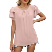 Solid Color And V-neck Hollow-out Double-layer Sleeve Loose Chiffon T-shirt