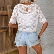 Fashionable Elegant Solid Color Lace Round Neck T-shirt
