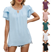 Solid Color And V-neck Hollow-out Double-layer Sleeve Loose Chiffon T-shirt
