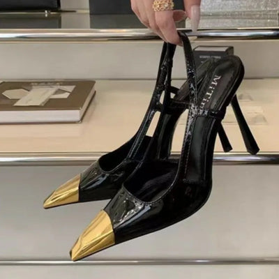 Women's Fashion Stiletto Sandals Spring New Metal Pointed Head Shallow Mouth Word with Anti-slip Wear-resistant High Heels