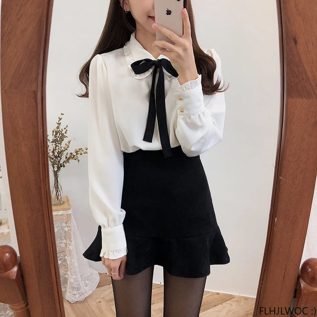 Bow Tie Long Sleeve Blouse Top