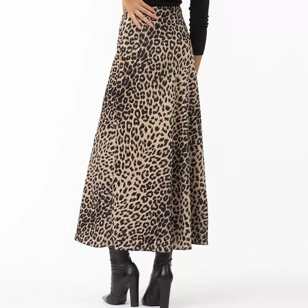 Vintage Leopard Print Satin High-Waist Skirt