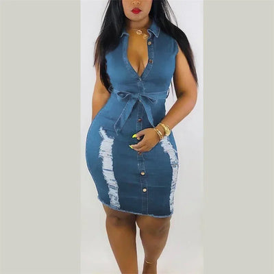 Fashion High Waist Lace-up Denim Dresses Women