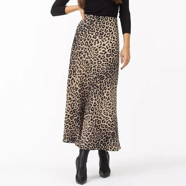 Vintage Leopard Print Satin High-Waist Skirt