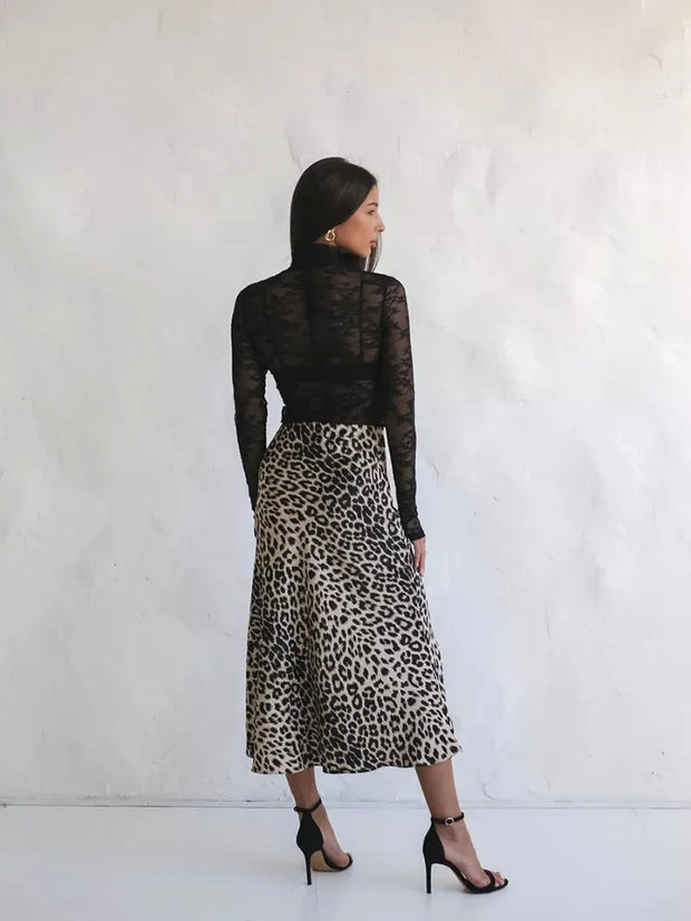 Vintage Leopard Print Satin High-Waist Skirt