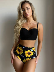 Sunflower Print High-Waist Bikini Set