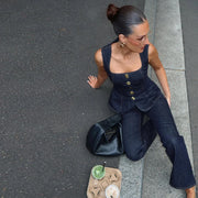 Women Vintage Denim Top Pant Set Square Collar Single Breasted Tank High Waist Jeans Female Sets 2025 Fashion Y2k  Denim Outfits