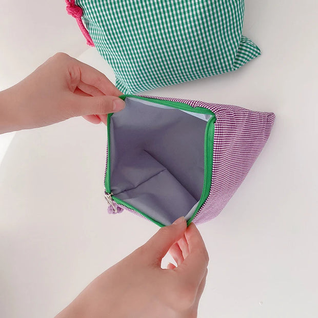 New Women Plaid Makeup Bag Large Capacity Cotton Zipper Pouch Purse Travel Clutch Makeup Bag Cosmetic Zipper Necessarie Feminina
