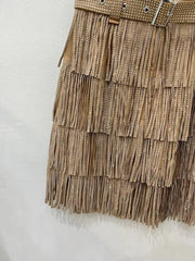 Women Skirt Fashion 2025 New Autumn High Waist Belt Multi Layer Short  Heavy Drilling Rhinestones Fringed Skirt with Cake A Line