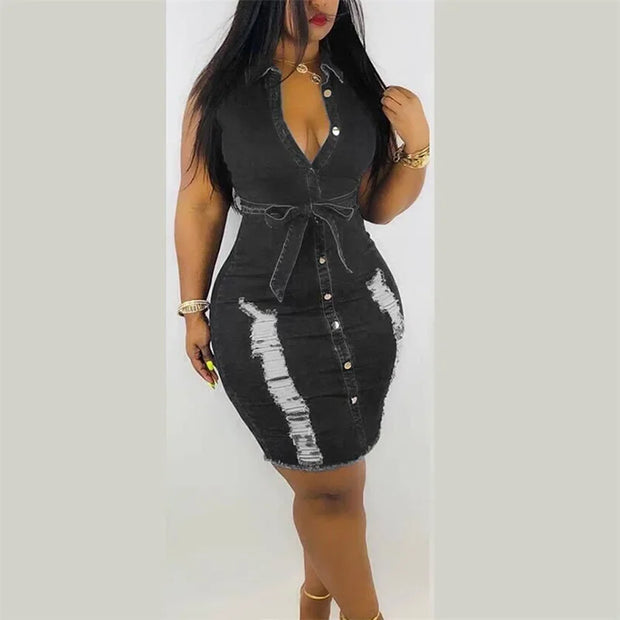 Fashion High Waist Lace-up Denim Dresses Women