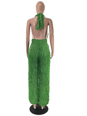Plunge Neck Textured Maxi Jumpsuit