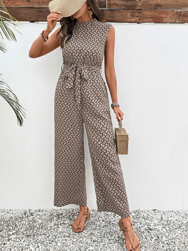 Boho Print Sleeveless Tie-Waist Jumpsuit
