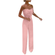 Women Jumpsuit Feather Tube Top Sexy Evening Party Jump Suits Sleeveless High-waisted Straight Playsuits Night Clubwear Overalls
