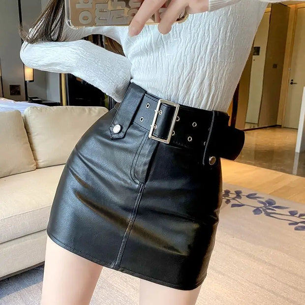High-Waist Faux Leather Mini Skirt with Belt