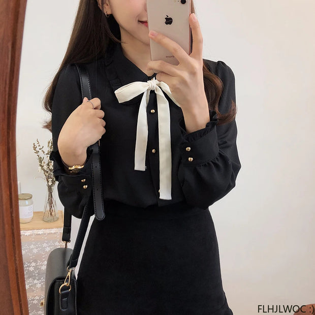 Bow Tie Long Sleeve Blouse Top