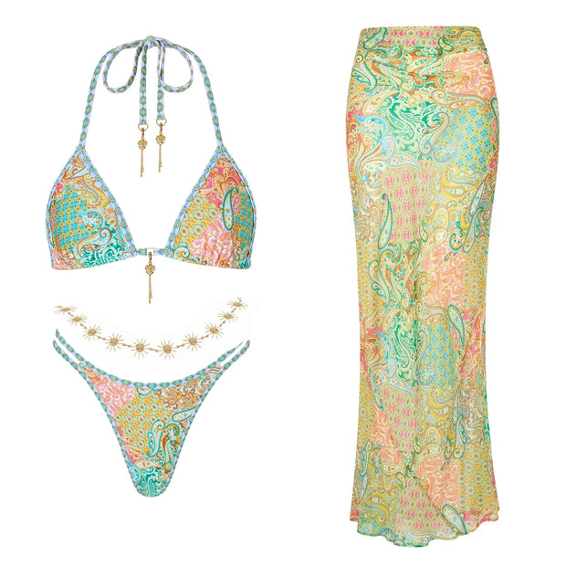 Bikini Swimsuit with Skirt Print Swimwear Women