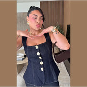 Women Vintage Denim Top Pant Set Square Collar Single Breasted Tank High Waist Jeans Female Sets 2025 Fashion Y2k  Denim Outfits