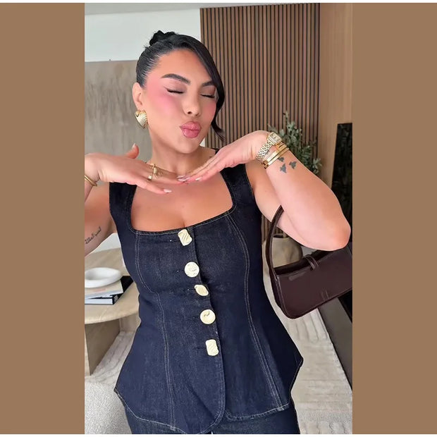 Women Vintage Denim Top Pant Set Square Collar Single Breasted Tank High Waist Jeans Female Sets 2025 Fashion Y2k  Denim Outfits