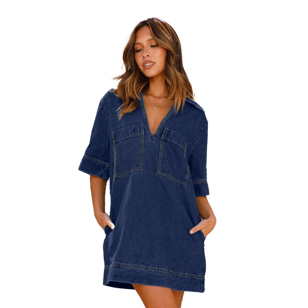 Fashion Denim Dress Casual V Neck Short Sleeve Loose Distressed Jean Dress 2024 Spring Summer Street Style Dresses Female