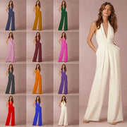 Jumpsuits Women Sexy Playsuits Deep V-neck Sleeveless Halter Neck Backless High Waist Wide Leg Jumpsuit Elegant Party Banquet