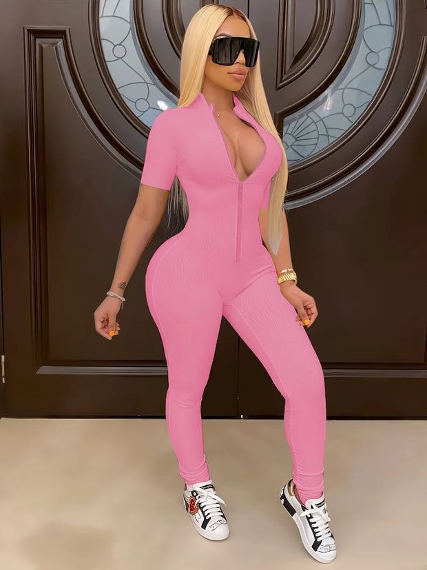 Curve-Hugging Zip-Front Casual Jumpsuit