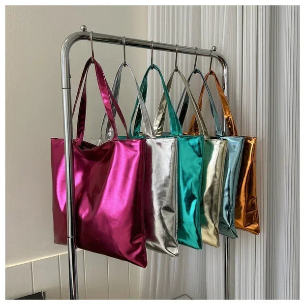Shiny Metallic Leather Tote  Bag