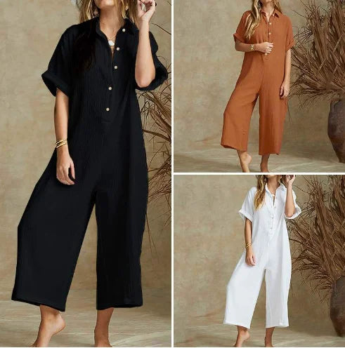 Women's Jumpsuit Summer Fashion European And American Women's Casual Short Sleeved Solid Color Button Up Shirt Loose Jumpsuit