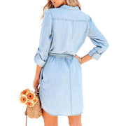 Fashion Women Casual Denim Dress Solid Color Long Sleeve Button-Down Lapel Short Dress with Belt Shirts Dress