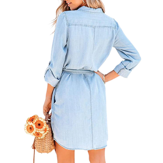 Fashion Women Casual Denim Dress Solid Color Long Sleeve Button-Down Lapel Short Dress with Belt Shirts Dress