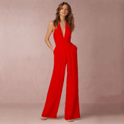 Jumpsuits Women Sexy Playsuits Deep V-neck Sleeveless Halter Neck Backless High Waist Wide Leg Jumpsuit Elegant Party Banquet