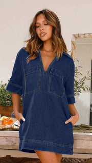Fashion Denim Dress Casual V Neck Short Sleeve Loose Distressed Jean Dress 2024 Spring Summer Street Style Dresses Female