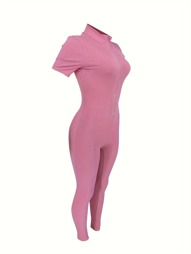 Curve-Hugging Zip-Front Casual Jumpsuit