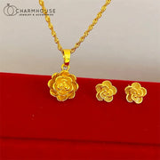 Gold Color Jewelry Sets for Women Cute Flower Stud Earrings Necklace 2pcs