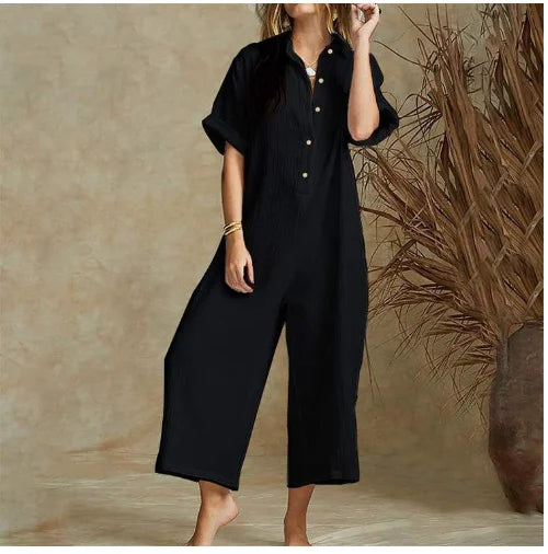 Women's Jumpsuit Summer Fashion European And American Women's Casual Short Sleeved Solid Color Button Up Shirt Loose Jumpsuit