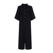 Women's Jumpsuit Summer Fashion European And American Women's Casual Short Sleeved Solid Color Button Up Shirt Loose Jumpsuit