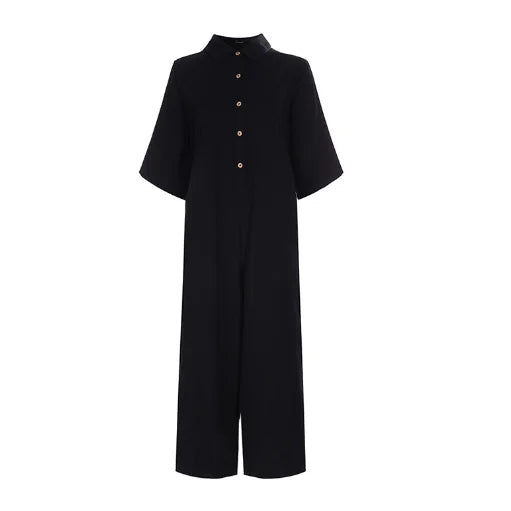 Women's Jumpsuit Summer Fashion European And American Women's Casual Short Sleeved Solid Color Button Up Shirt Loose Jumpsuit