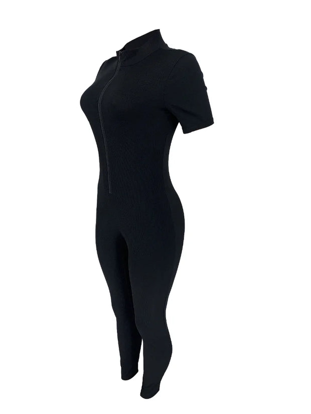 Curve-Hugging Zip-Front Casual Jumpsuit