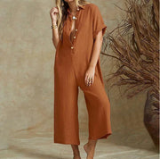 Women's Jumpsuit Summer Fashion European And American Women's Casual Short Sleeved Solid Color Button Up Shirt Loose Jumpsuit