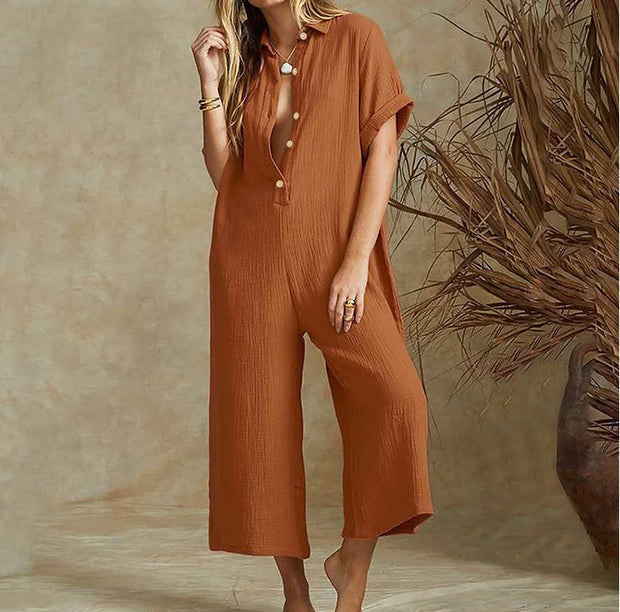 Women's Jumpsuit Summer Fashion European And American Women's Casual Short Sleeved Solid Color Button Up Shirt Loose Jumpsuit
