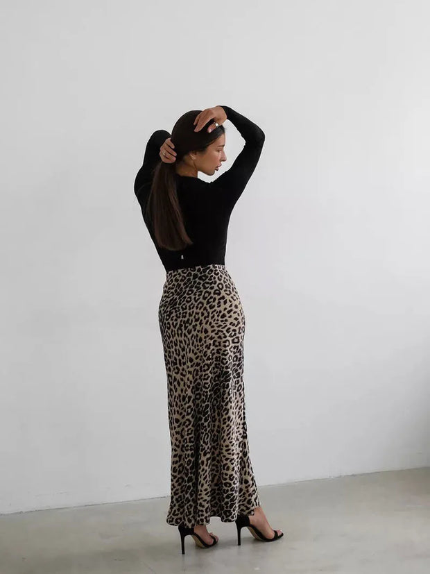 Vintage Leopard Print Satin High-Waist Skirt